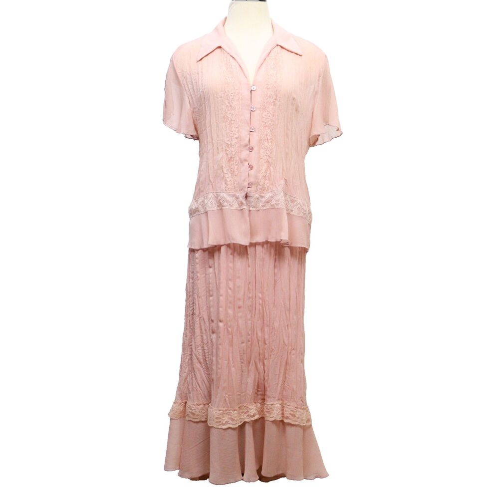 AGB Byer‎ Vintage Blouse Skirt Set Women's 8 Pink Lace Sheer Silky Feminine USA